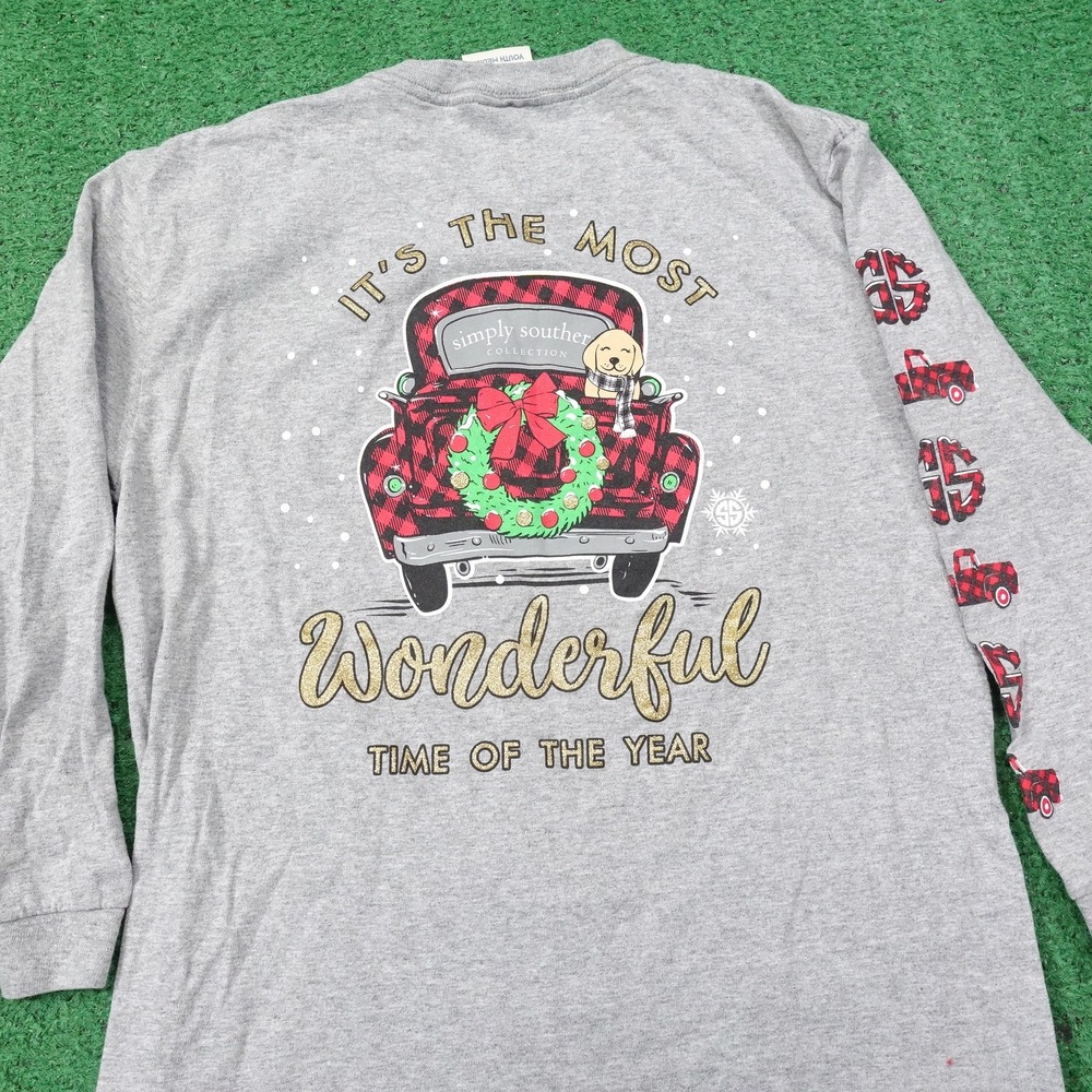 Simply Southern Shirt Youth Medium Christmas Plaid Truck Dog Long Sleeve - H3